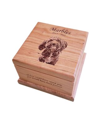 Urn for pet memorial ashes in cherry wood, showing highly detailed laser engraved pet photo on top, with memorial phrase on front. This is a sunlit view of the engraving on the memorial pet urn from High Point Gifts, showing a truer color rendition.