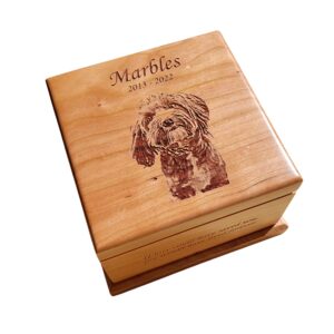 Urn for pet memorial ashes in cherry wood, showing highly detailed laser engraved pet photo on top, with memorial phrase on front. This is a sunlit view of the engraving on the memorial pet urn from High Point Gifts, showing a truer color rendition.